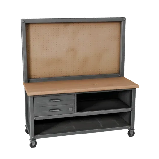 Mechanic Pegboard Wall Low Poly 3D model, game viewport three-quarter view, showing steel frames, stable fixtures.