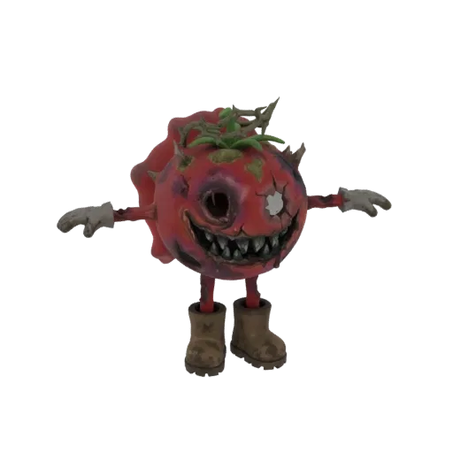 3D model of a monstrous, decaying tomato with sharp teeth, empty eye socket, and thorny vines, wearing muddy boots.