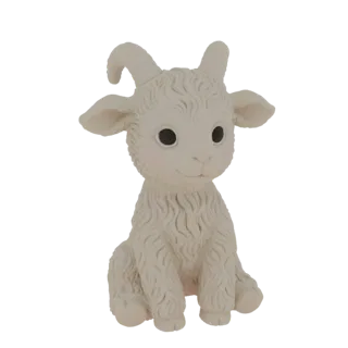 Un modello 3D di una capretta chiara, carina, seduta con occhi grandi e piccole corna.