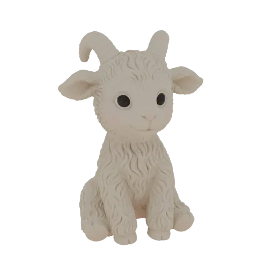 A 3D model of a cute, light-colored baby goat sitting down with large eyes and small horns.