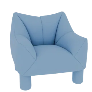 A 3D render of a plush, light blue armchair with a modern design and short cylindrical legs, set against a white background.