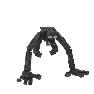 Ein 3D-Rendering einer blockigen, schwarzen Enderman-Kreatur mit lila Augen, posiert auf weißem Hintergrund.