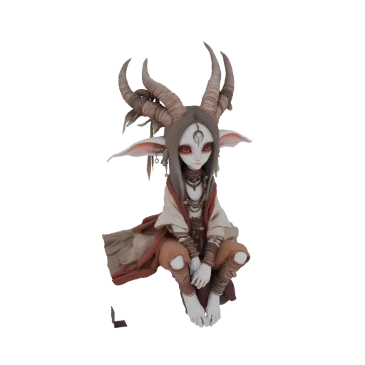 3D model of a mystical faun with large, textured antlers, red eyes, and earthy-toned clothing, posed in a crouch.