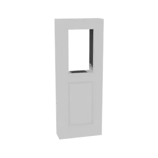 3D model of a white modern door with a large rectangular window in the upper section and a recessed panel below.