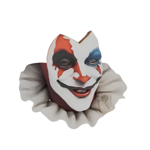 Modèle 3D d'un masque de clown effrayant avec peinture faciale blanche, rouge et bleue, un large sourire et un col à volants,