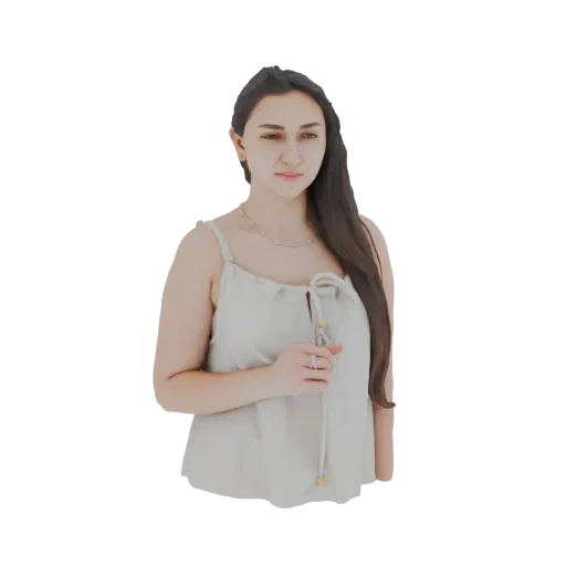 3D model of an elegant woman with long dark hair, wearing a flowy light-colored dress, posed gracefully.