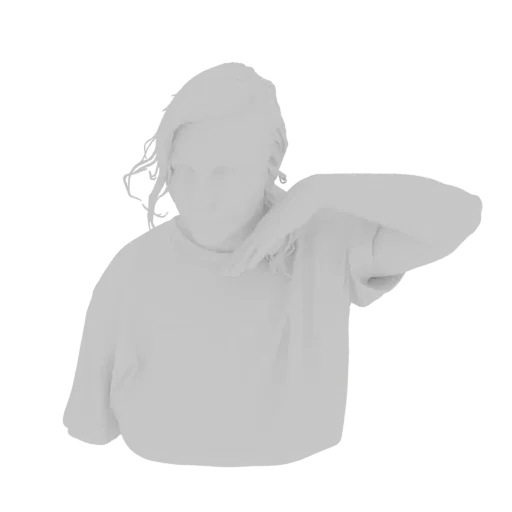 3D model render of a woman in a light gray t-shirt, with her arm bent and hand near her neck, in a relaxed pose.