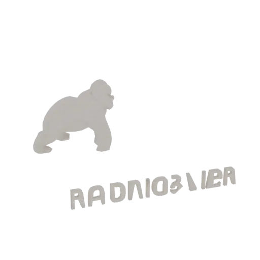 3D model of a stylized gorilla silhouette with bold, blocky text below it, set against a black background.