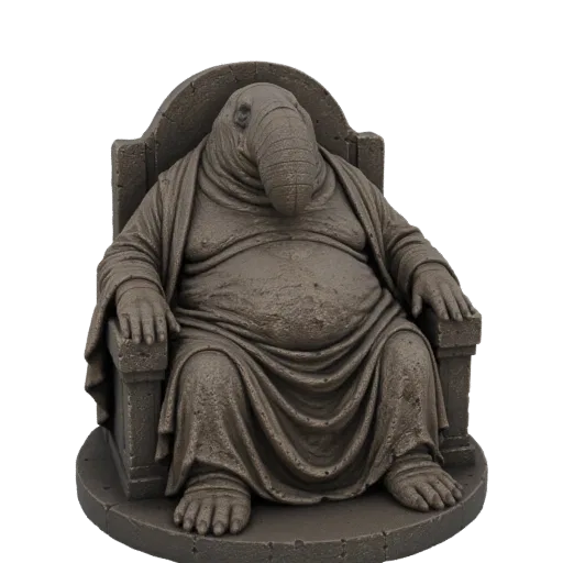 3D model of an ancient, elephant-headed being in robes, seated on a stone throne, with a dark background.