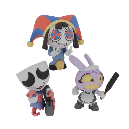 3D render of three creepy cute figurines: a jester, a bunny maid with a bat, and a schoolgirl, arranged on a black background