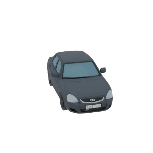 3D model of a dark gray sedan with a Russian license plate, viewed from a slightly elevated front-right angle.