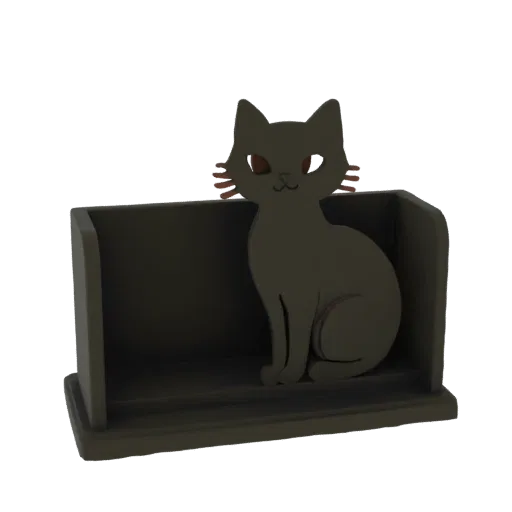 Rendu 3D d'un chat noir assis verticalement, conçu comme une butée de livre, avec une finition mate foncée.