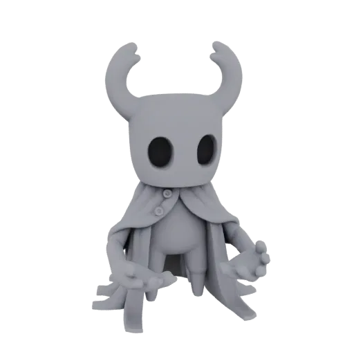 3D model of The Knight from Hollow Knight, a small, cloaked figure with a horned helmet and large dark eyes, standing with ou