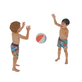 Modelo 3D de dos niños pequeños en bañador jugando con una pelota de playa, con los brazos levantados.