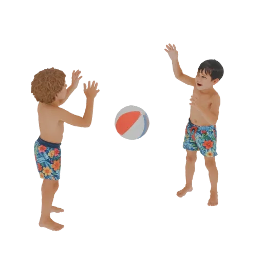 3D model of two young boys in swim trunks playing with a beach ball, with arms raised.