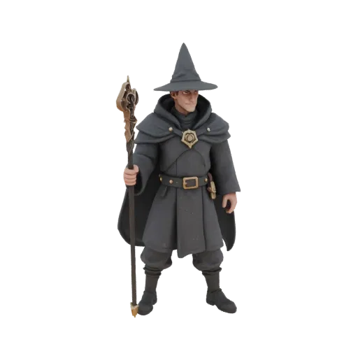 3D model dark wizard black robe hat holding gold staff finial