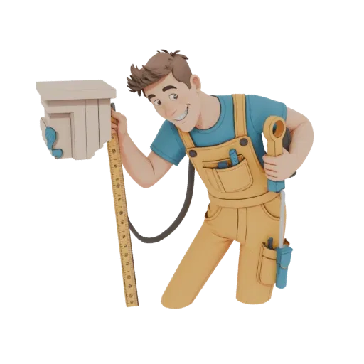 3D model of a smiling cartoon builder in yellow overalls, holding a wrench and a measuring tape against a wall.