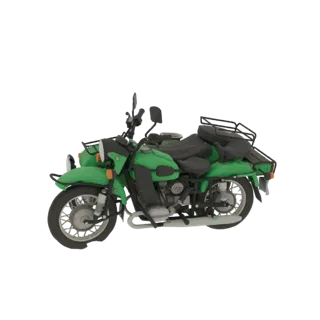 Un dettagliato modello 3D di una moto verde d'epoca con sidecar, mostrato da una prospettiva laterale.