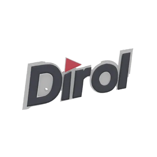 3D model of the Dirol logo with a red play button integrated into the text.