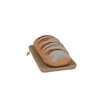3D-Modell eines goldbraunen Artisan-Brotlaibs mit sichtbaren Schnittmarkierungen, auf einem hellbraunen Schneidebrett platzie
