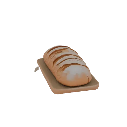 3D-Modell eines goldbraunen Artisan-Brotlaibs mit sichtbaren Schnittmarkierungen, auf einem hellbraunen Schneidebrett platzie