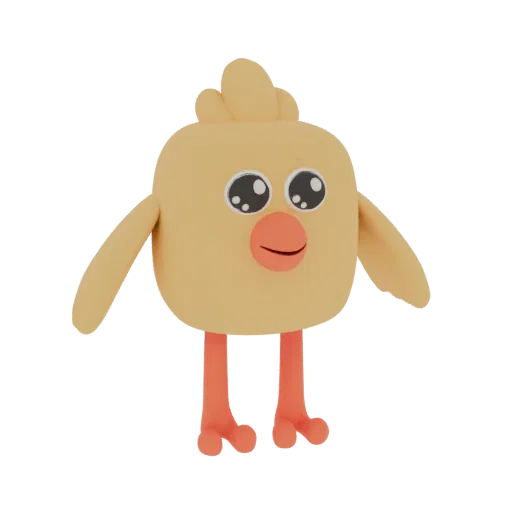 Uma renderização 3D de um pintinho amarelo fofo em estilo desenho animado com olhos grandes e pernas laranjas, em pé contra u
