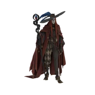 3D model of a fantasy Jester Mage wearing a red cloak, harlequin pants, and a wide-brimmed hat, holding a staff.