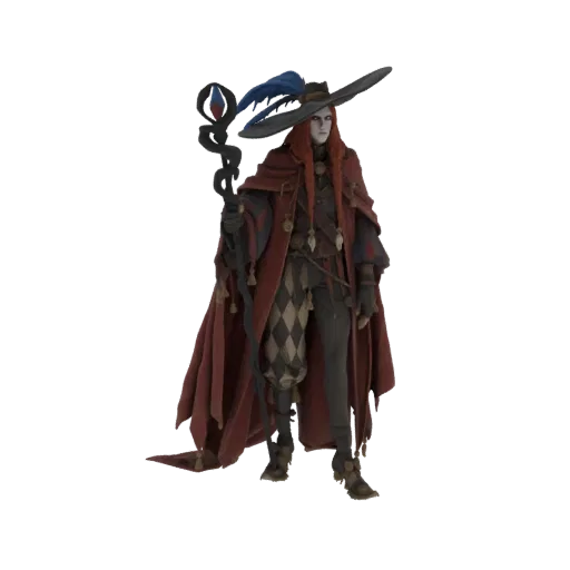 Modèle 3D d'un Mage Bouffon fantastique portant une cape rouge, un pantalon d'arlequin et un chapeau à larges bords, tenant u