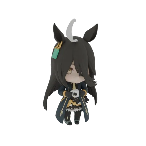3D model of Manhattan Cafe Nendoroid figure holding a coffee cup, with dark hair, yellow eyes, and a detailed blue and gold coat.