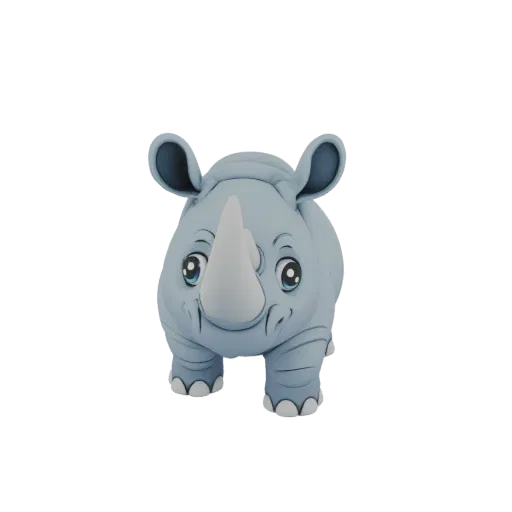 A cute, stylized 3D model of a baby rhinoceros with large blue eyes and a prominent horn, presented on a white background.