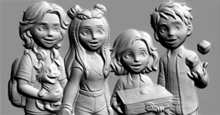 Baixo-relevo 3D com quatro crianças segurando um baú mágico e cubos, estilo fantasia.