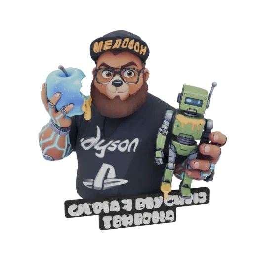 3D model of a stylized bear character wearing a hat and glasses, holding a glowing blue apple and a small green robot.