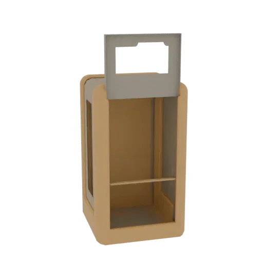 A 3D render of a modern display stand with a light brown frame and a grey screen holder at the top, featuring an open shelf i
