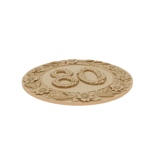 3D render of an oval plaque with a floral border and a prominent '80' numeral within a laurel wreath, presented on a black ba