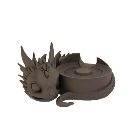 3D model of a cute, sleeping baby dragon curled around a textured circular platform, rendered in a neutral brown color.