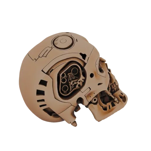 3D model of a cybernetic skull with exposed internal gears and mechanical details, viewed from the side.