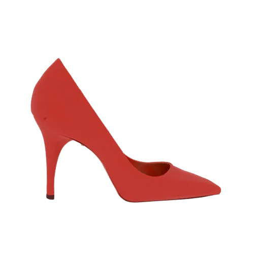 A realistic 3D model of a red stiletto high heel shoe, viewed from the side against a black background.