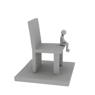 A 3D render of a monolithic, gray brutalist chair on a square platform, with a tiny, stylized white human figure sitting on t