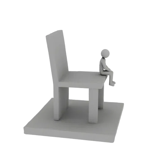 A 3D render of a monolithic, gray brutalist chair on a square platform, with a tiny, stylized white human figure sitting on t