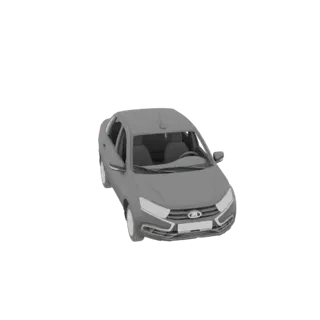 Um modelo 3D de um carro sedã cinza, visto de um ângulo frontal-direito ligeiramente elevado, contra um fundo branco.