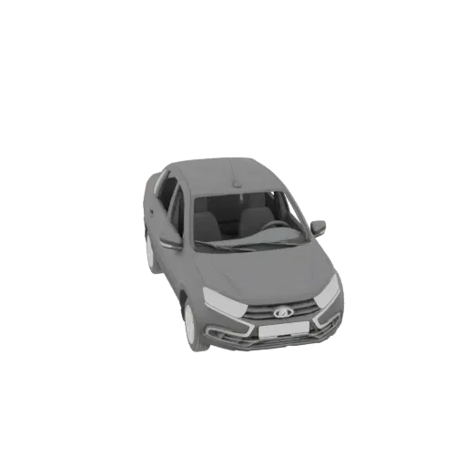 A 3D model of a gray sedan car, viewed from a slightly elevated front-right angle, against a white background.