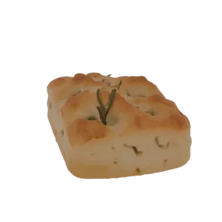 Modèle 3D de focaccia dorée avec alvéoles et brin de romarin, isolé sur fond blanc.