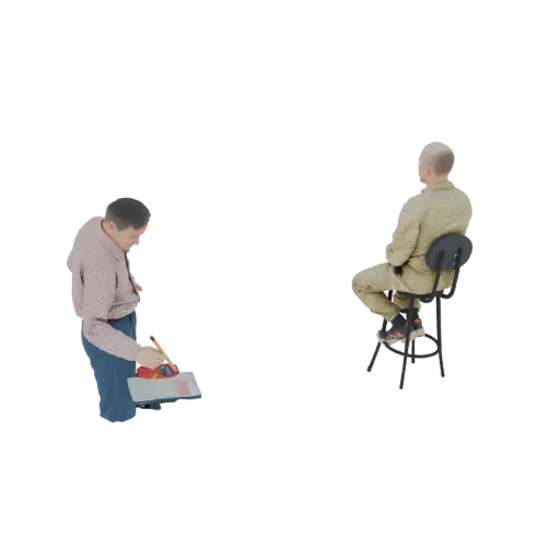 Modelo 3D de un artista pintando una figura sentada, con el artista sosteniendo un pincel y paleta, y la figura sentada en un