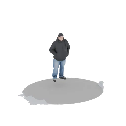 3D model of a man wearing a dark hoodie and blue jeans, standing on a circular base.