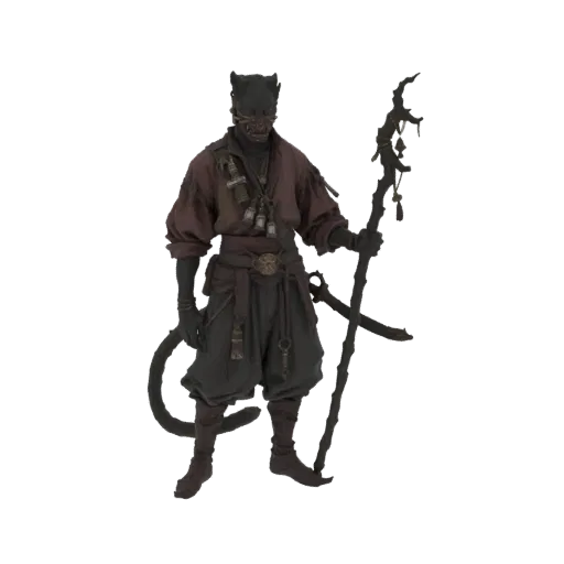 3D model of a mysterious feline shaman character with a mask, wearing a red tunic and dark pants, holding a gnarled staff.