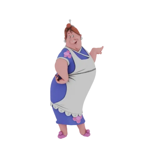 3D model of a plump cartoon mother character wearing a blue dress, white apron, and pink slippers, with a cheerful expression