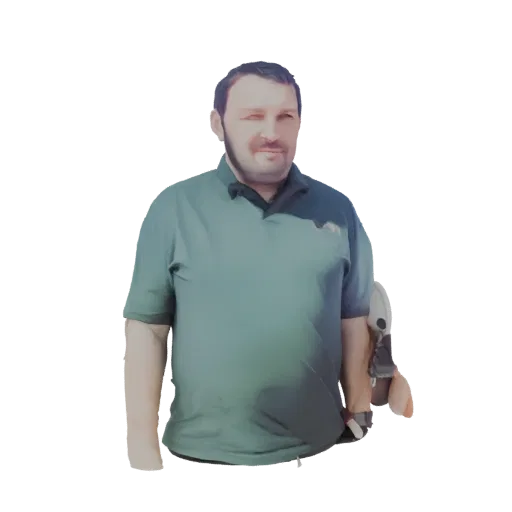 3D model of a man wearing a green polo shirt, with his right arm replaced by a brown teddy bear arm, against a white backgrou