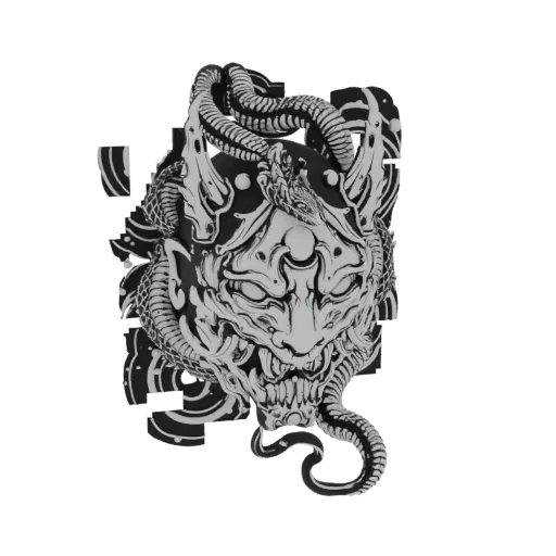 A 3D render of a black and white Oni mask with a serpent coiled around it, set against a black background.