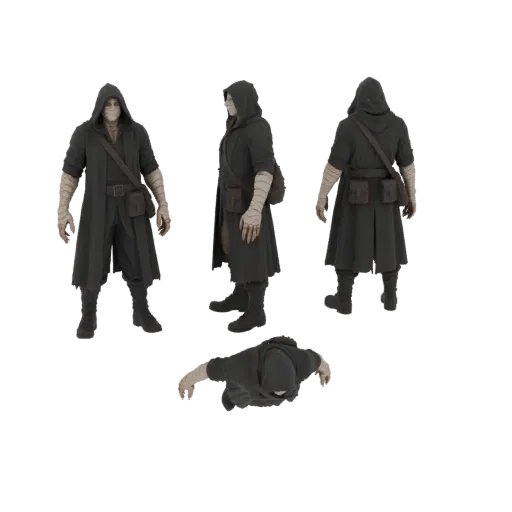 3D model of a mysterious hooded figure with bandages, shown from multiple angles including front, side, rear, and top-down vi