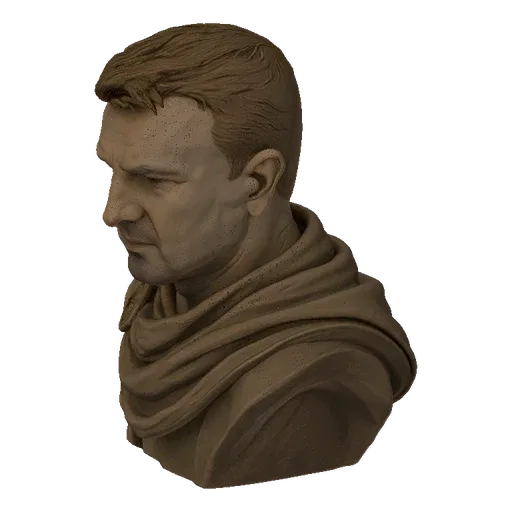 3D model render of a Roman General bust, featuring a stoic expression and draped toga with a circular brooch, presented in a